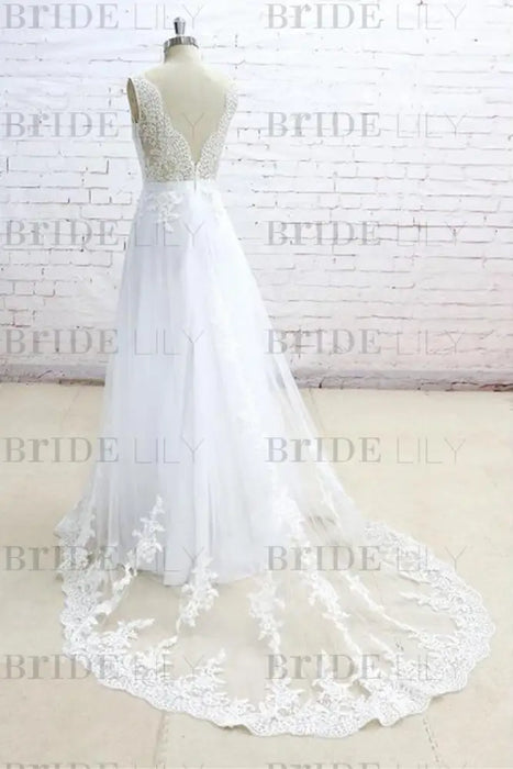 Graceful Appliques V-neck Tulle A-line Wedding Dress - Wedding Dresses