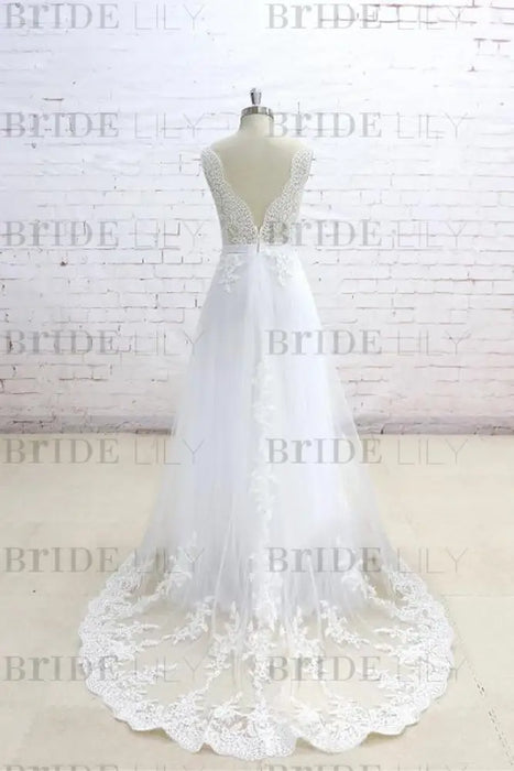 Graceful Appliques V-neck Tulle A-line Wedding Dress - Wedding Dresses