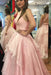 Graceful Attractive A-line Two Piece Peach Pink Jewel Sleeveless Open Back Floor-length Prom Dress - Prom Dresses
