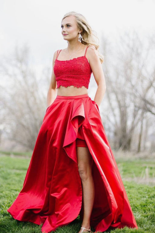 Graceful Eye-catching Pieces High Low Lace Yellow Prom Two Piece Long Formal Dresses - Prom Dresses