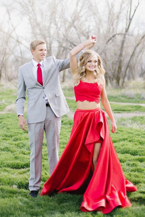 Graceful Eye-catching Pieces High Low Lace Yellow Prom Two Piece Long Formal Dresses - Prom Dresses