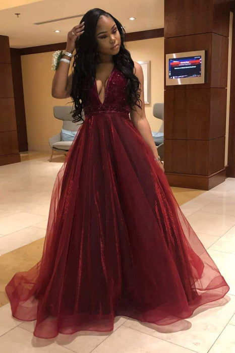Graceful Red V Neck Sleeveless Tulle Party Dresses - Prom Dresses
