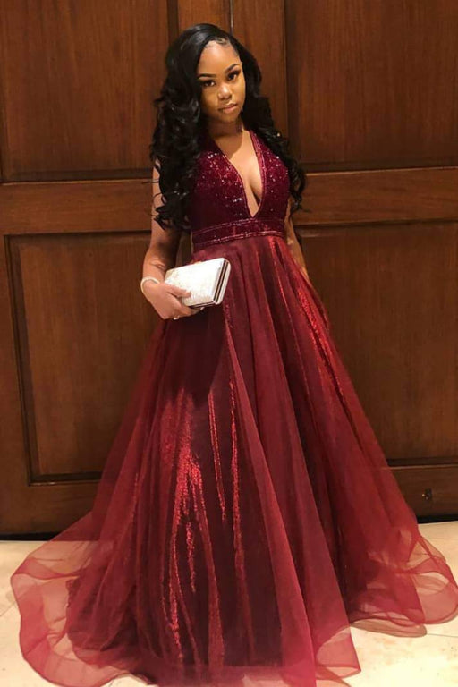 Graceful Red V Neck Sleeveless Tulle Party Dresses - Prom Dresses