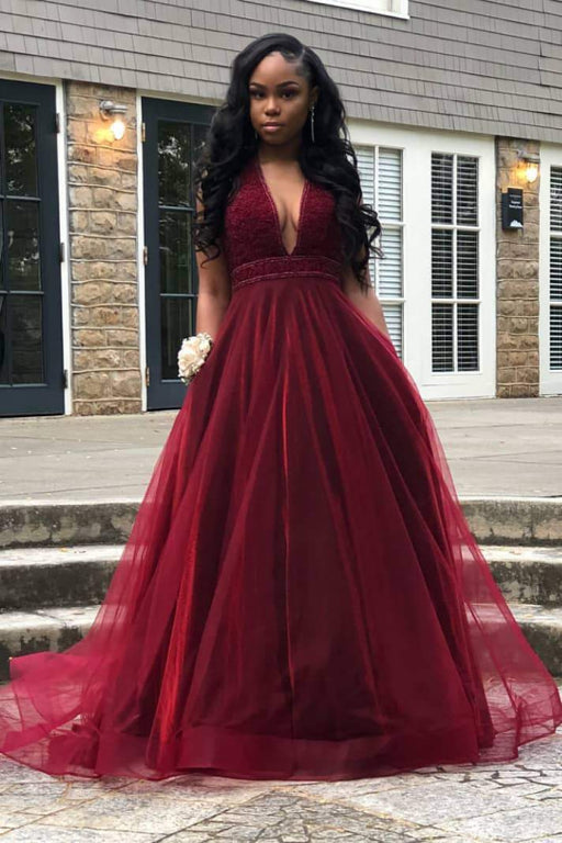 Graceful Red V Neck Sleeveless Tulle Party Dresses - Prom Dresses