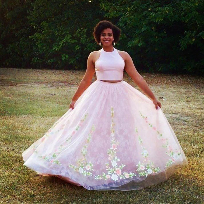 Graceful Wonderful Elegant Two Piece Mint Green Jewel Sleeveless A-line Floral Long Prom Dress - Prom Dresses