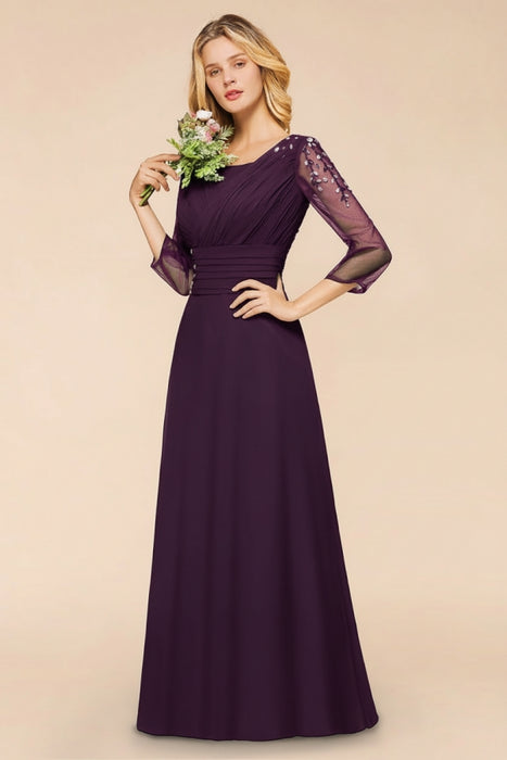 Long Sleeves Aline Bridesmaid Dress Ruffle Chiffon Beadings Wedding Guest Dress
