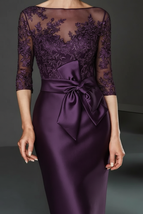 Grape Bateau 3/4 Long Sleeves Satin Mother of the Bride Dresses with Lace - Prom Dresses