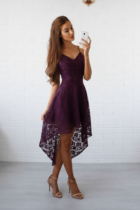 Grape Bridelily A-Line Lace Spaghetti Straps Sleeveless Short/Mini With Layers Dresses - Prom Dresses