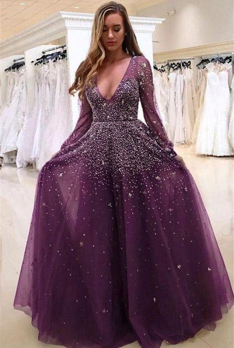 Grape Bridelily A-line Long Sleeves V-neck Floor-length Tulle Pearls Prom Dresses