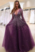 Grape Bridelily A-line Long Sleeves V-neck Floor-length Tulle Pearls Prom Dresses
