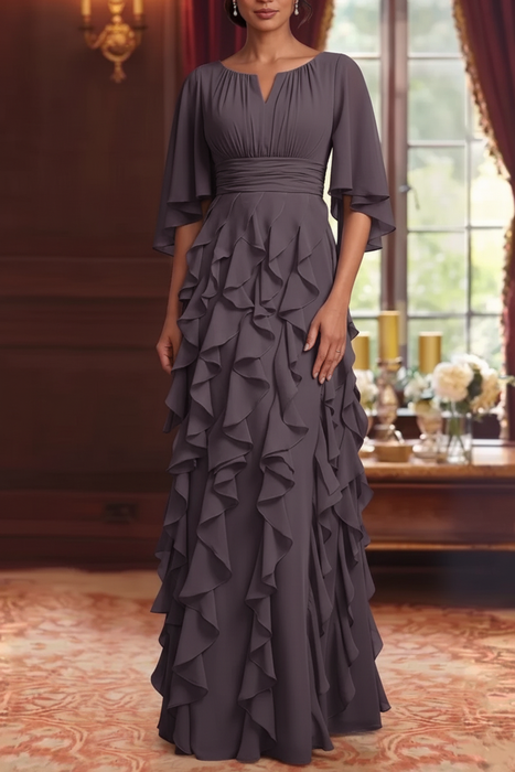 Grape Chiffon Mother of the Bride Dress Flutter Sleeves with Cascading Ruffles
