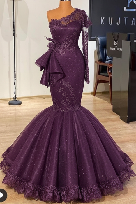 Grape Glitter Mermaid Prom Dress Long Sleeves Floral Lace Party Dress - Prom Dresses