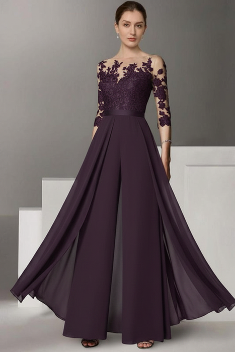 Grape Half Sleeves Chiffon Mother of Bride Jumpsuit with Appliques - Prom Dresses