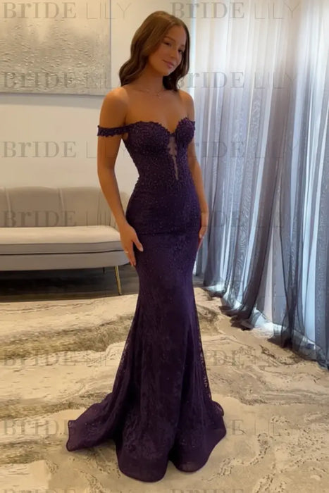 Off-the-Shoulder Mermaid Evening Dress with Lace | Long Prom Dress - Bridelily Off-the-Shoulder Mermaid Evening Dress with Lace | Long Prom Dress - Bridelily