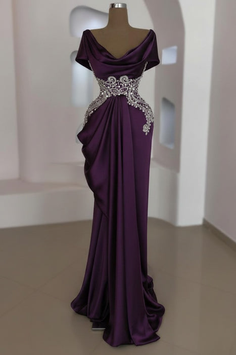 Grape Scoop Neck Ruffles Satin Prom Dress Mermaid Sleeveless Evening Dress with Beads