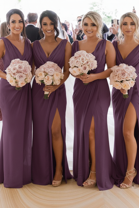 Grape Simple V Neck Sleeveless Sheath Pleated Chiffon Bridesmaid Dress with Split