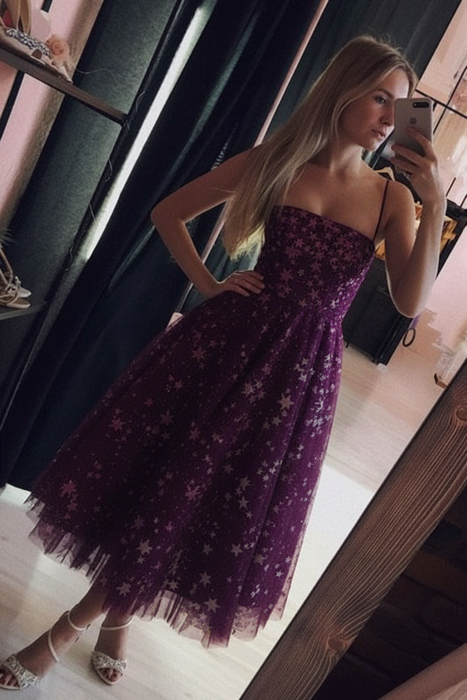 Grape Spaghetti Strap Tea Length Tulle Homecoming Dress Midi Prom Dresses - Prom Dresses