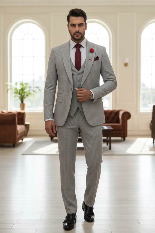 Gray Striped Peaked Lapel Three Pieces Close Fitting Men Suits For Business