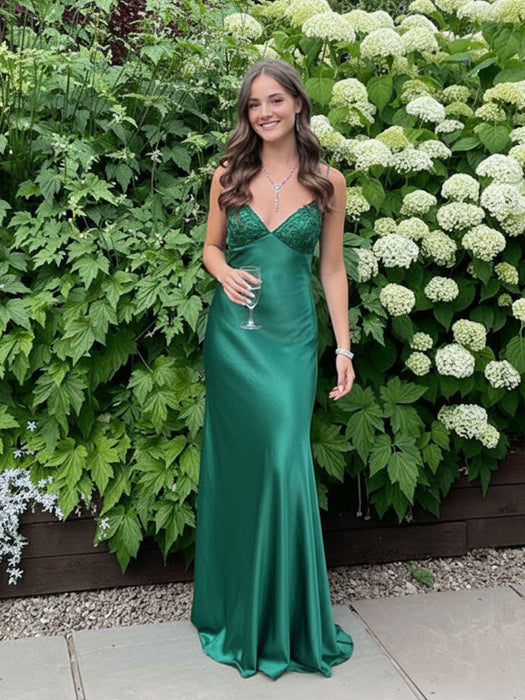 Green V-neck Beaded Satin A Line Prom Dress