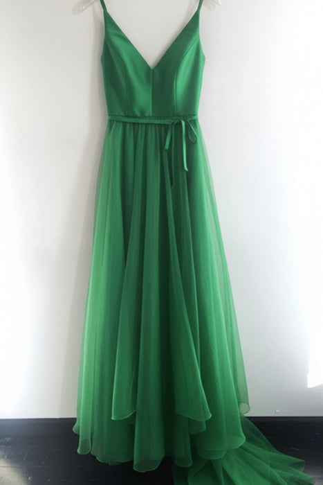Green A Line V Neck Spaghetti Straps Tulle Prom Dresses
