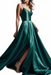 Green Charmeuse Prom Dress Spaghetti Strap Simple With Slit