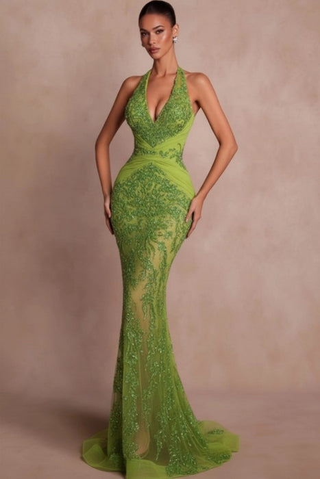 Halter Dark Green Mermaid Prom Dress Glitter Sequins Evening Gown