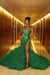 Luxury Green Mermaid Prom Dress Beadings V-neck Sleeveless Evening Dress with Slit