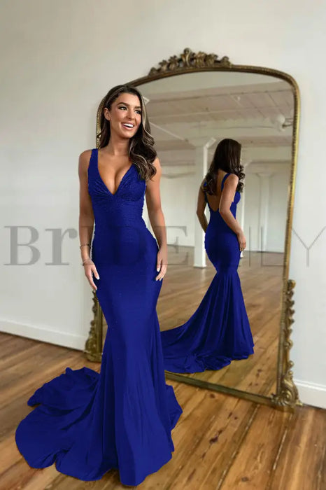 Royal Blue Mermaid Prom Dress V Neck Long with Beads