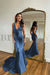 Dusty Blue Mermaid Prom Dress V Neck Long with Beads