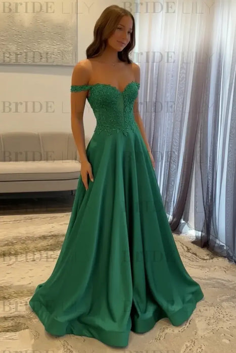 Green Off-the-Shoulder A-line Evening Dress Lace Prom Dress Long