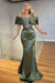 Green Off-the-Shoulder Long Sleeves Prom Dress with Beadings