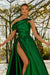 Green One Shoulder Satin Prom Dress with High Split