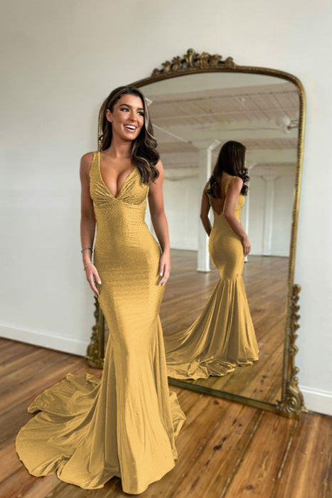 Green Prom Dress Mermaid V Neck Long Evening Dress with Beadings - Prom Dresses