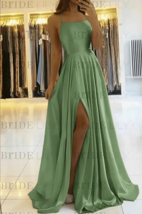 Green Simple Prom Dress Long With Spaghetti Straps Front Slit Satin Evening Dress