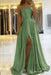 Green Simple Prom Dress Long With Spaghetti Straps Front Slit Satin Evening Dress