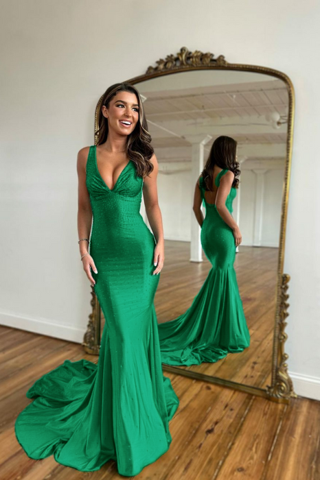 Green Prom Dress with Wide Shoulder V Neck Long Mermaid with Bead Embellishments - Prom Dresses