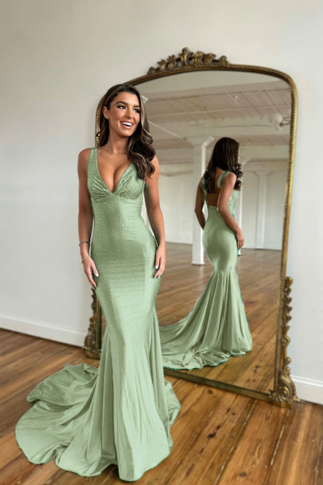 Green Prom Dress with Wide Shoulder V Neck Long Mermaid with Bead Embellishments - Prom Dresses
