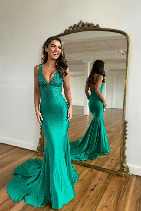Green Prom Dress Mermaid V Neck Long Evening Dress with Beadings