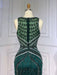 Green Sequin Prom Dress, Beaded V-Neck Long with Feather