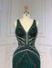 Green Sequin Prom Dress, Beaded V-Neck Long with Feather