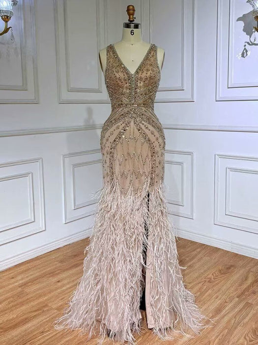 Green Sequin Prom Dress, Beaded V-Neck Long with Feather