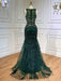Green Sequin Prom Dress, Beaded V-Neck Long with Feather