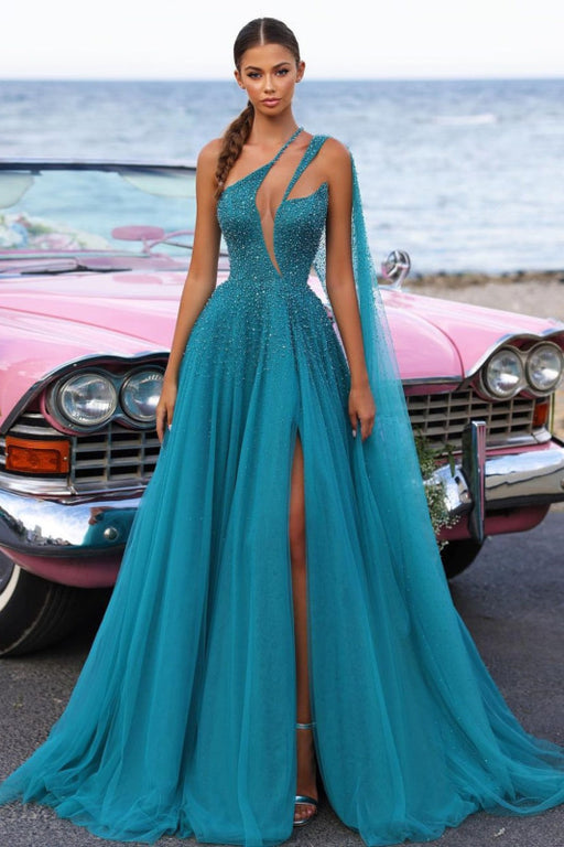 Green Sequin Tulle Prom Dress with High Slit Trail