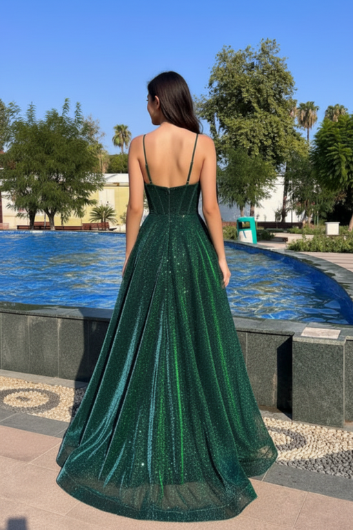 Dark Green Spaghetti-Strap Shimmering A-Line Prom Dress