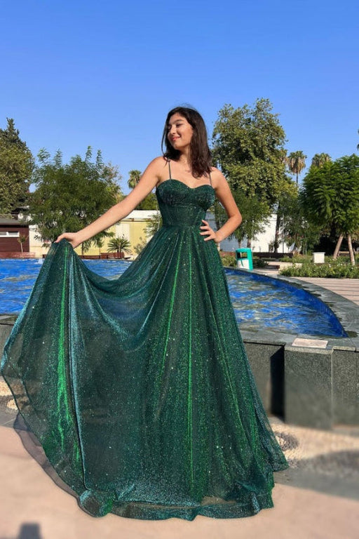 Dark Green Spaghetti-Strap Shimmering A-Line Prom Dress