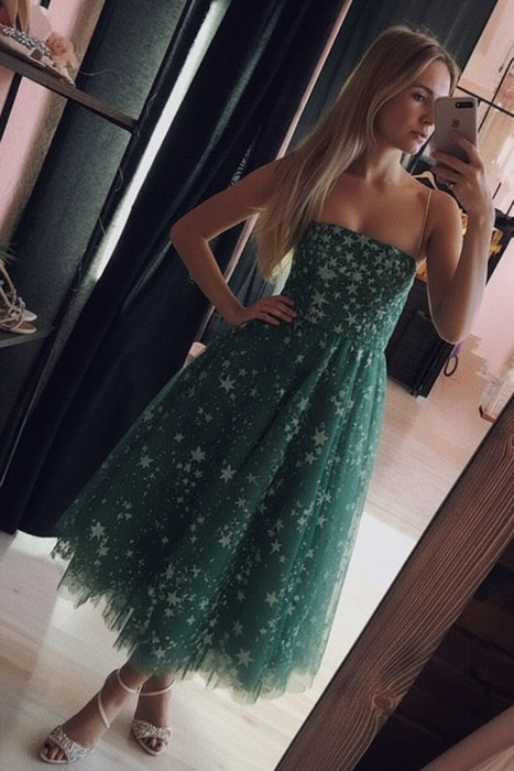 Green Spaghetti Strap Tea Length Tulle Homecoming Dress Midi Prom Dresses - Prom Dresses