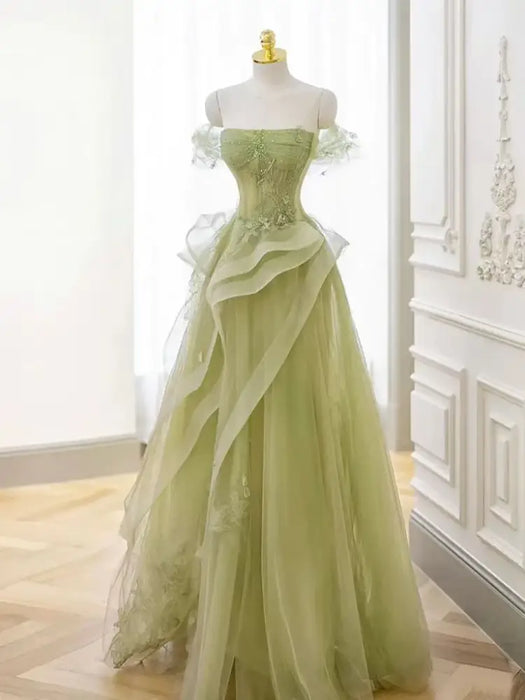 Green Off-the-Shoulder A-Line Evening Dress Strapless Lace Formal Dress - Bridelily Green Off-the-Shoulder A-Line Evening Dress Strapless Lace Formal Dress - Bridelily