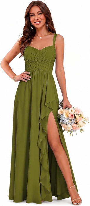 Women's Chiffon Bridesmaid Dresses Long Evening Formal Gown with Slit - Avocado Green