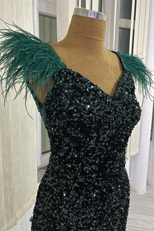 Green V-Neck Sequins Mermaid Evening Dress With Feather