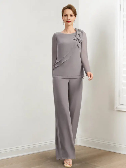 Grey chiffon mother of the bride pantsuit with cascading ruffle front